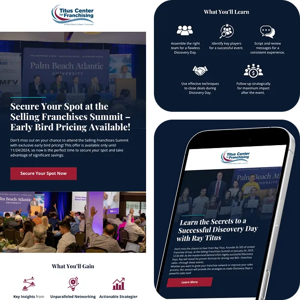 Titus Center Franchising website mockup promoting a franchise selling summit