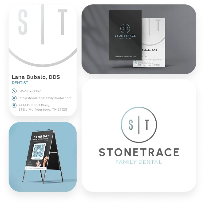 Stonetrace logo with website and mobile app mockups