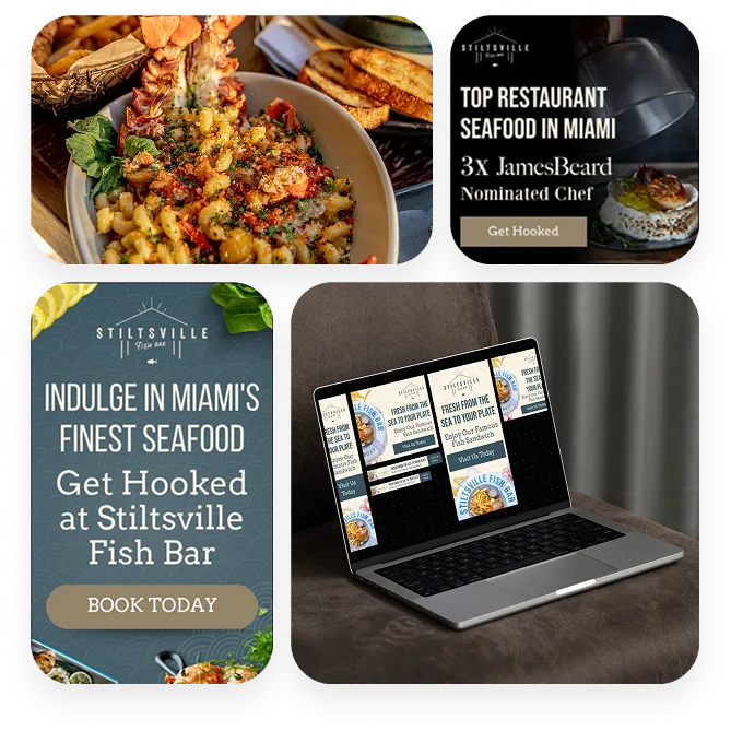 Stiltsville Fish Bar marketing collage with seafood dish and website mockups