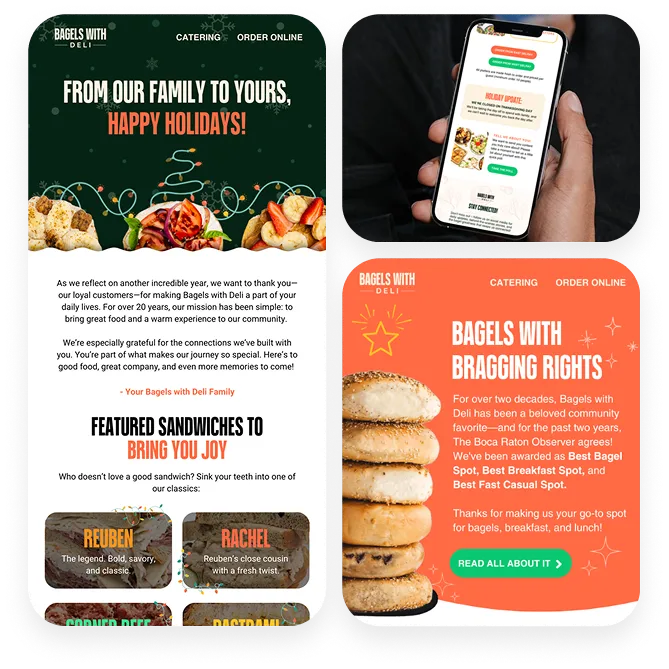 Bagel shop holiday marketing collage with sandwiches and stacked bagels