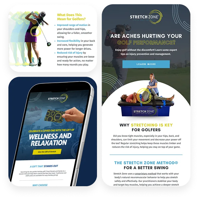 Stretch Zone website mockups promoting stretching for golf performance