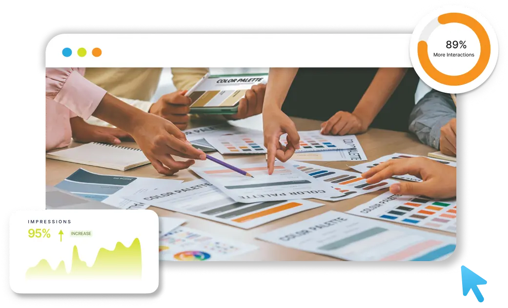 Team collaborating around a table with charts and documents
