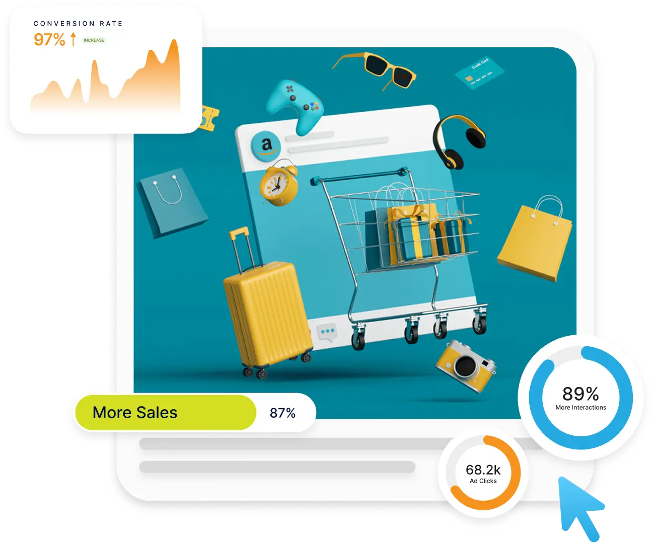 E-commerce graphic with shopping cart and products showing sales and conversion rate statistics