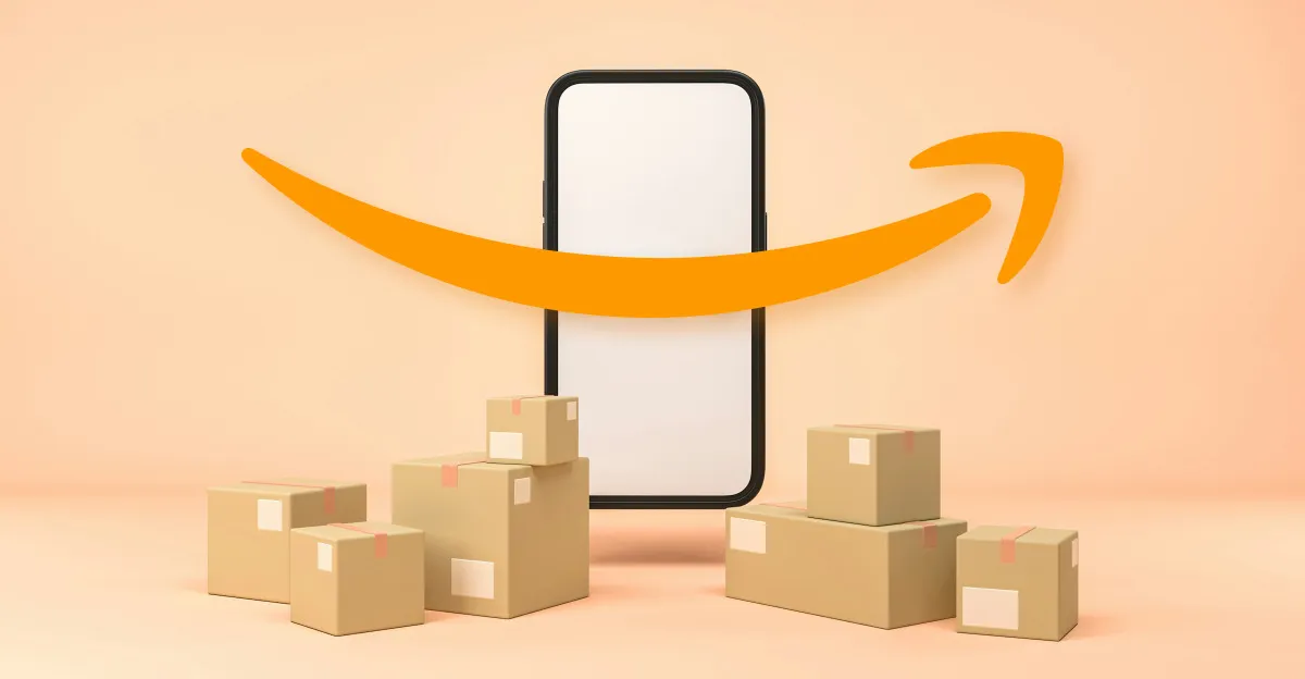 Smartphone with Amazon logo surrounded by shipping package boxes
