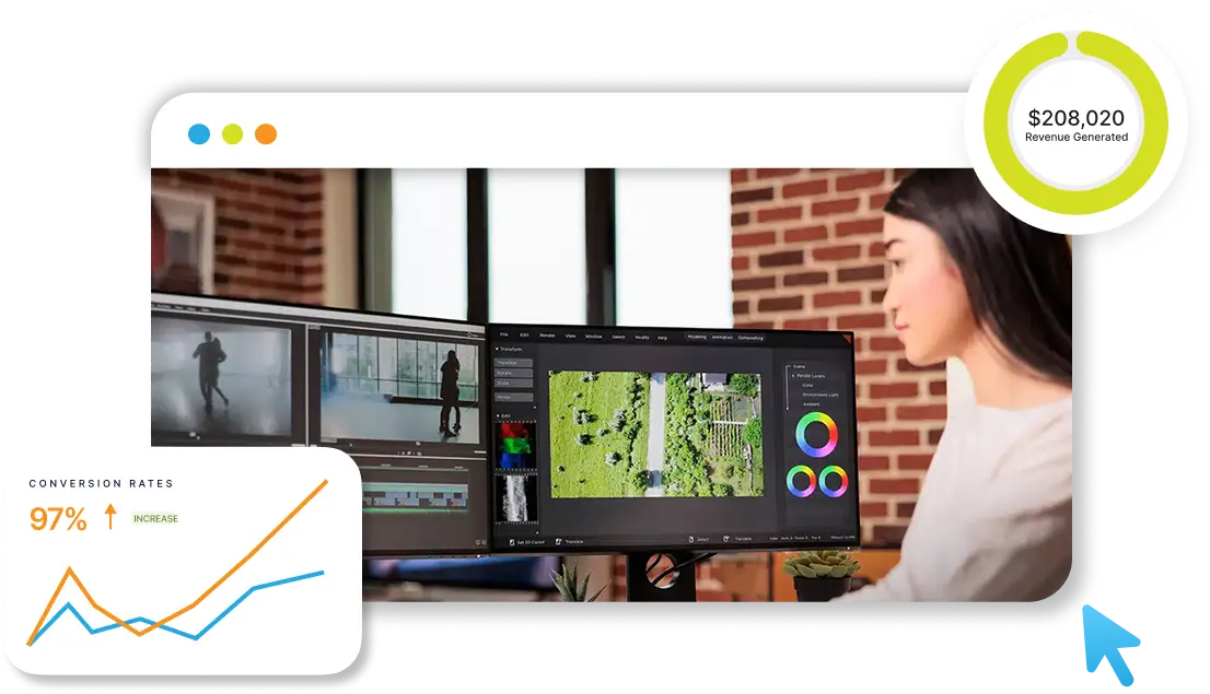 Woman video editing at a multi-monitor setup, with revenue and conversion rate stat overlays
