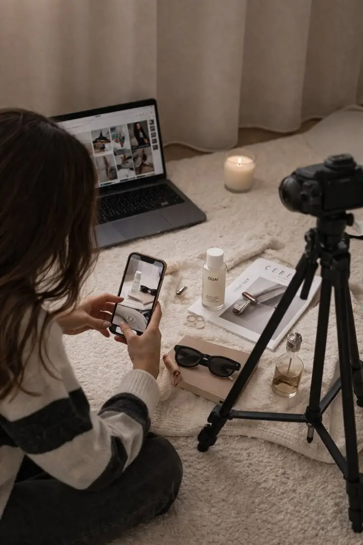 Woman photographing products with her phone next to a laptop and camera on a tripod
