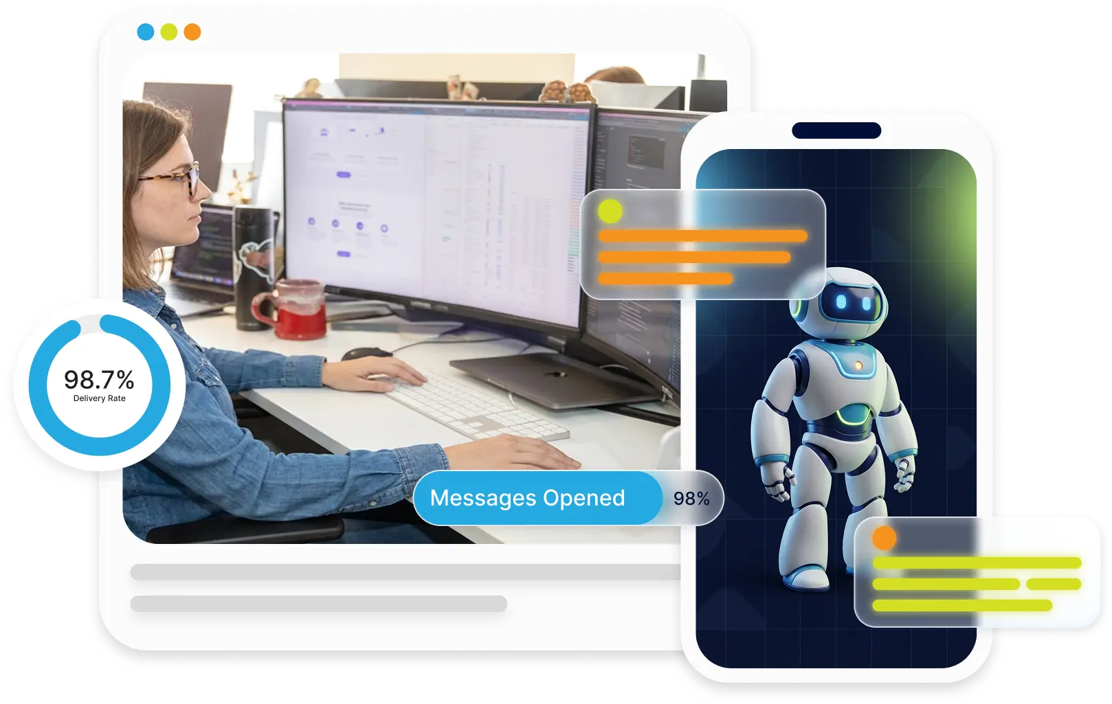 Woman working at a multi-monitor desk beside a robot chat mockup with delivery rate stat overlays