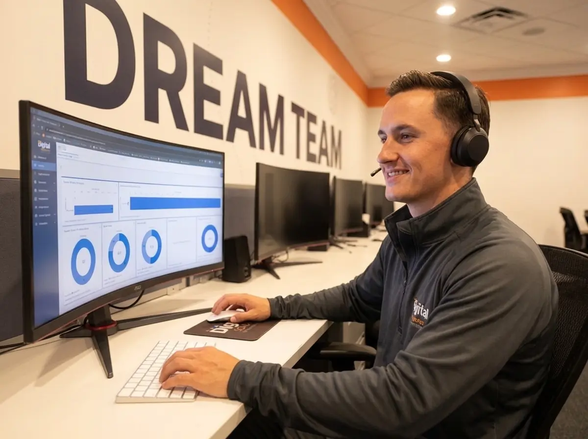 Man wearing a headset working at a computer with a dashboard, under a Dream Team sign