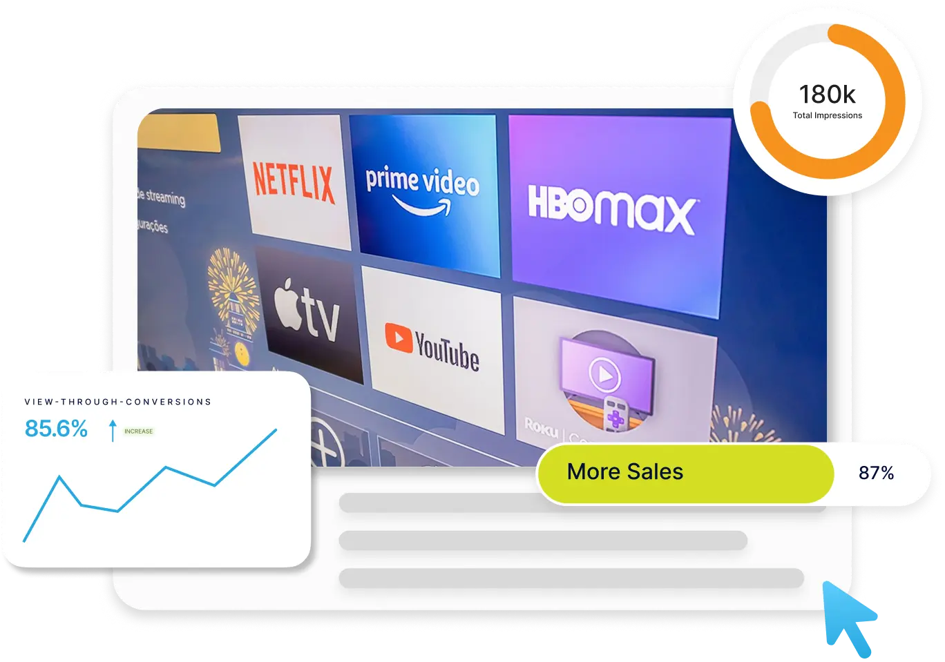 Streaming service selection screen with app icons, plus conversion and sales stat overlays