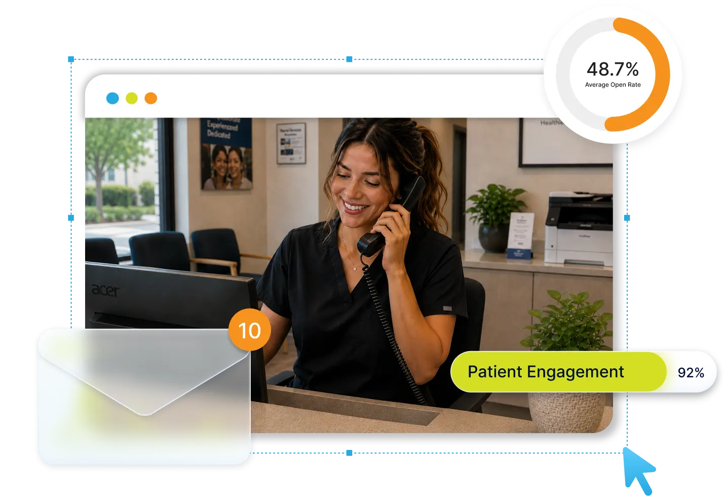 Front desk staff member answering the phone, with patient engagement and email stat overlays