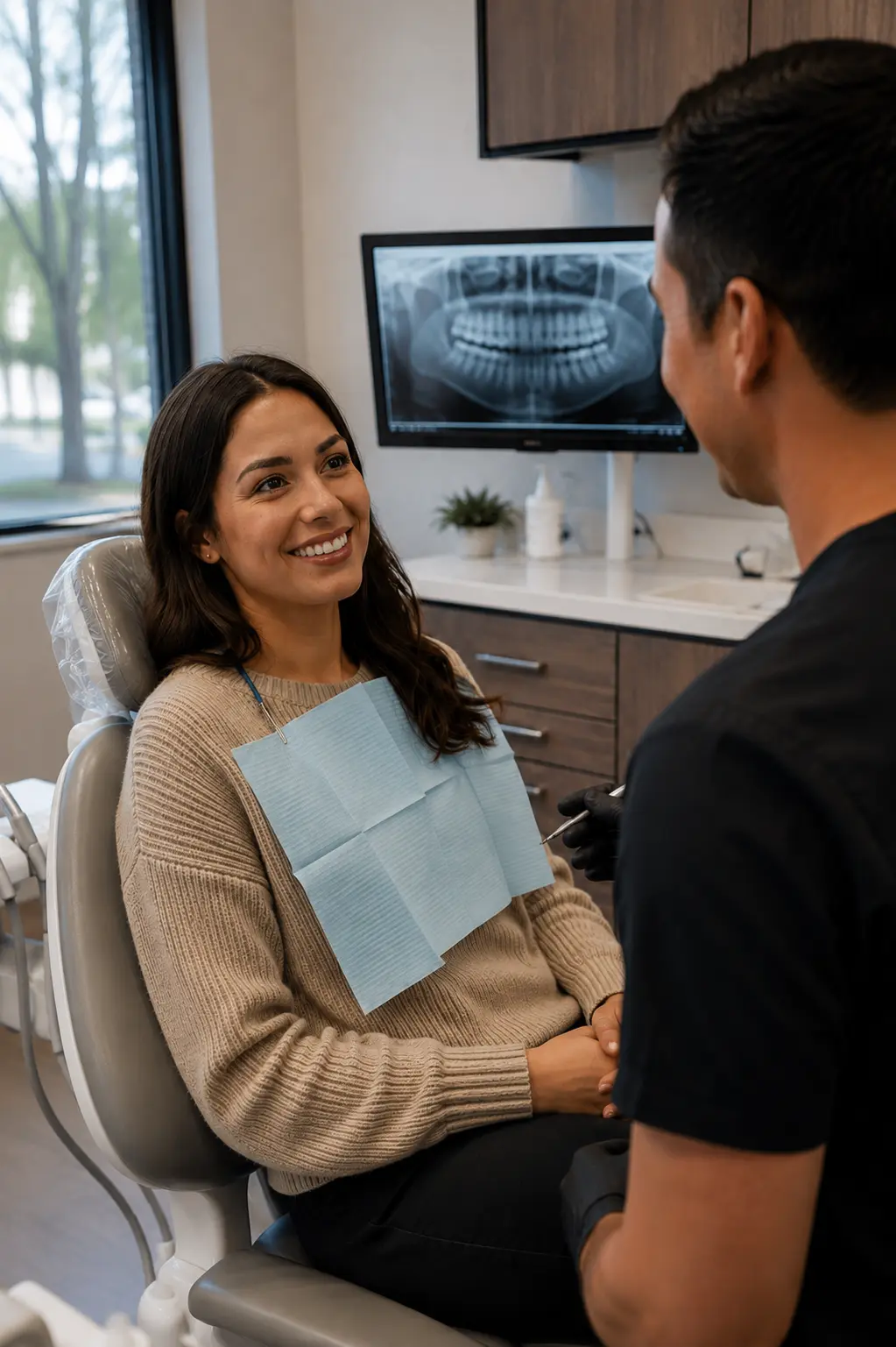 Smiling patient in dental chair talking with dentist, with a dental X-ray displayed on a monitor