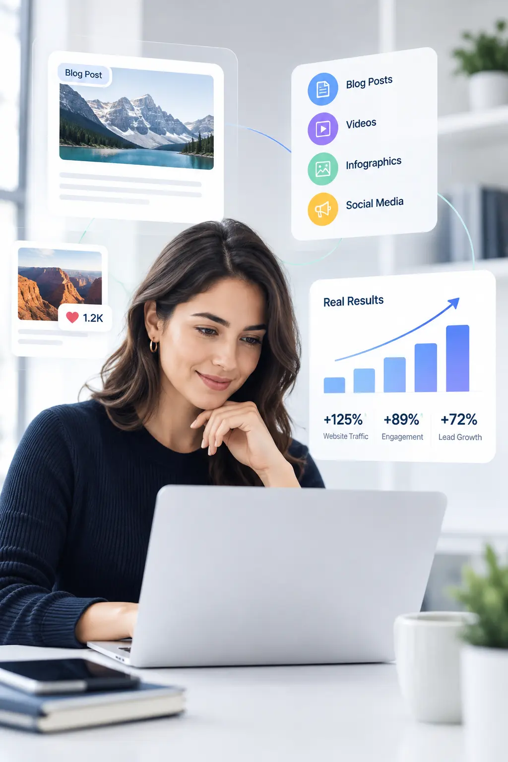 Woman working on a laptop displaying marketing analytics charts