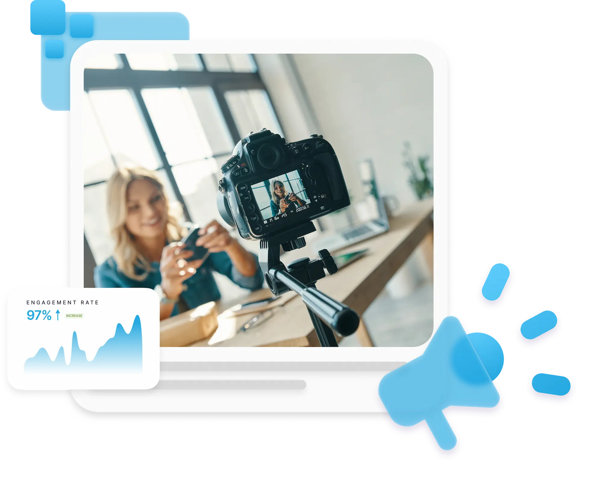 Graphic of a woman being filmed by a camera on a tripod, with an engagement rate chart overlay showing 97%.