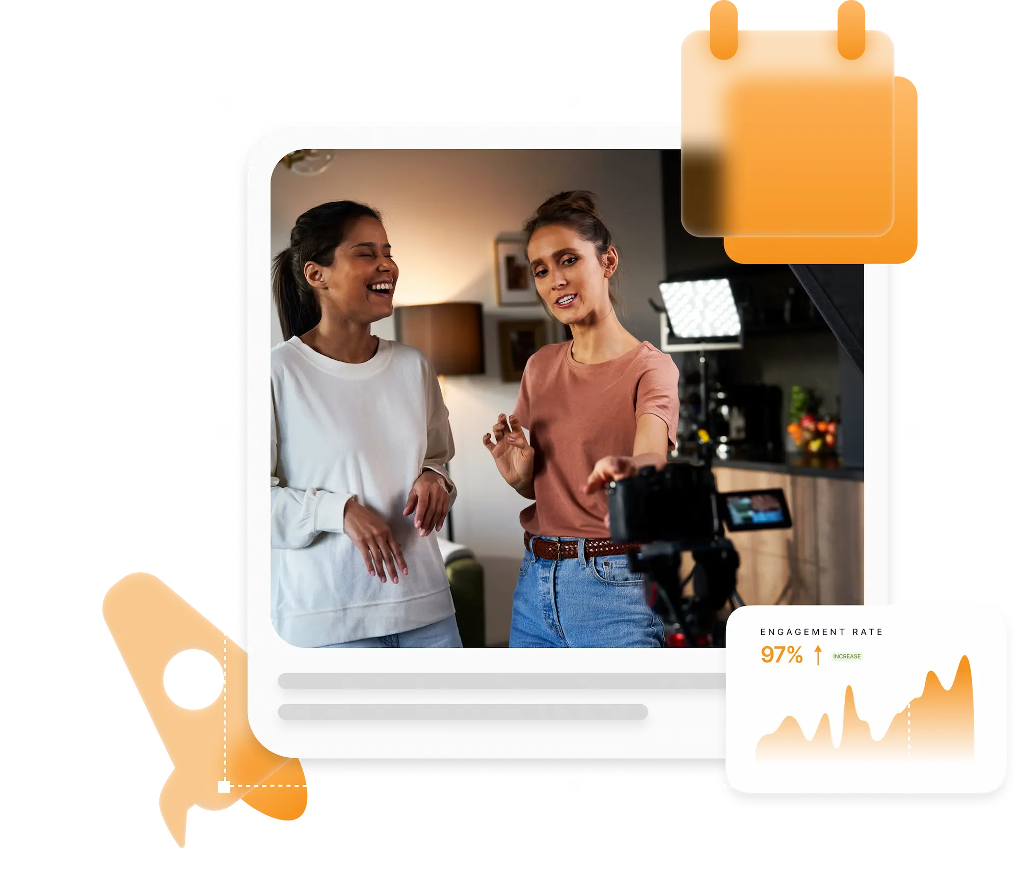 Two colleagues collaborating, with a rocket icon and growth chart graphic overlay.
