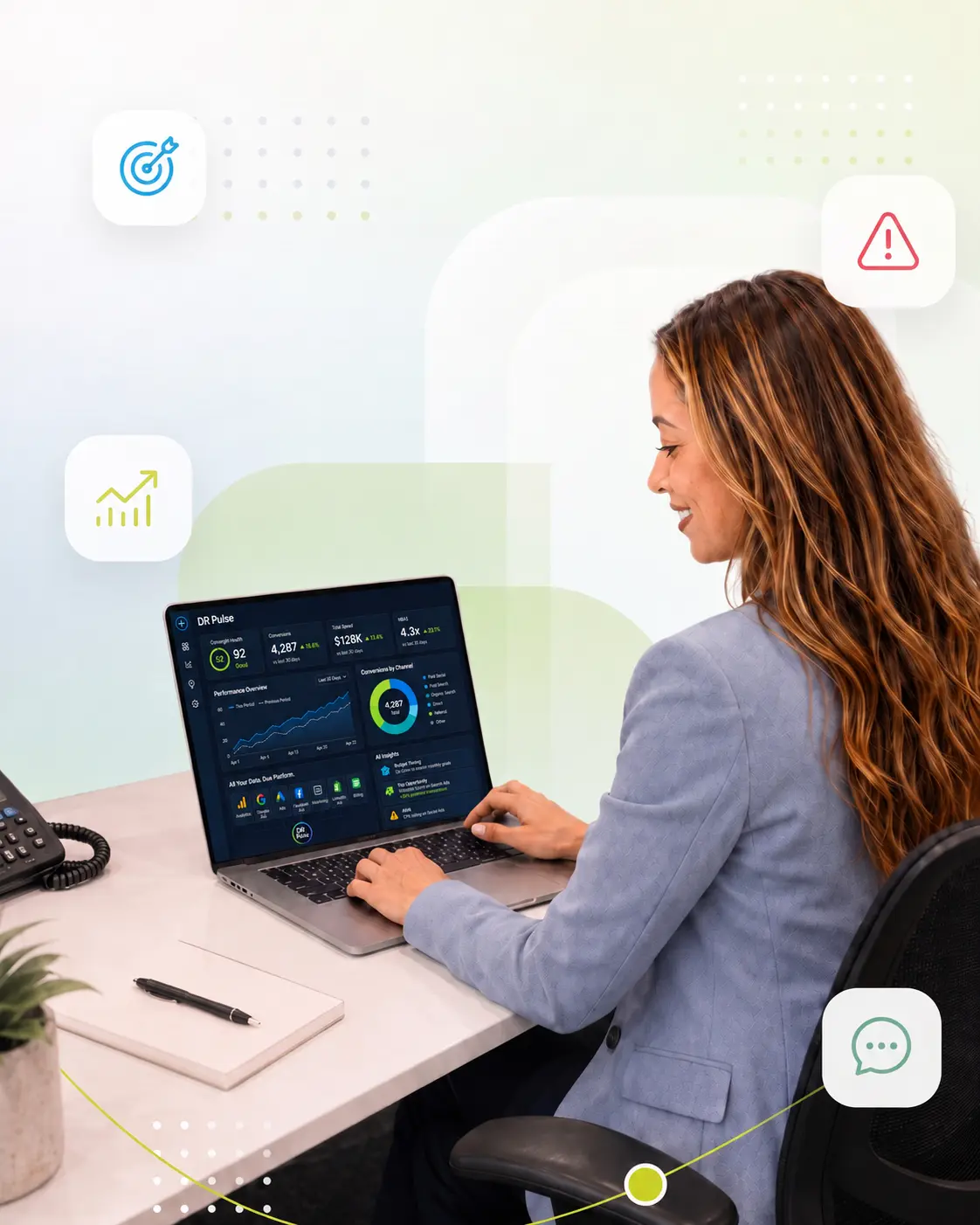 Woman in business attire working on a laptop showing an analytics dashboard, with growth chart icon overlay.