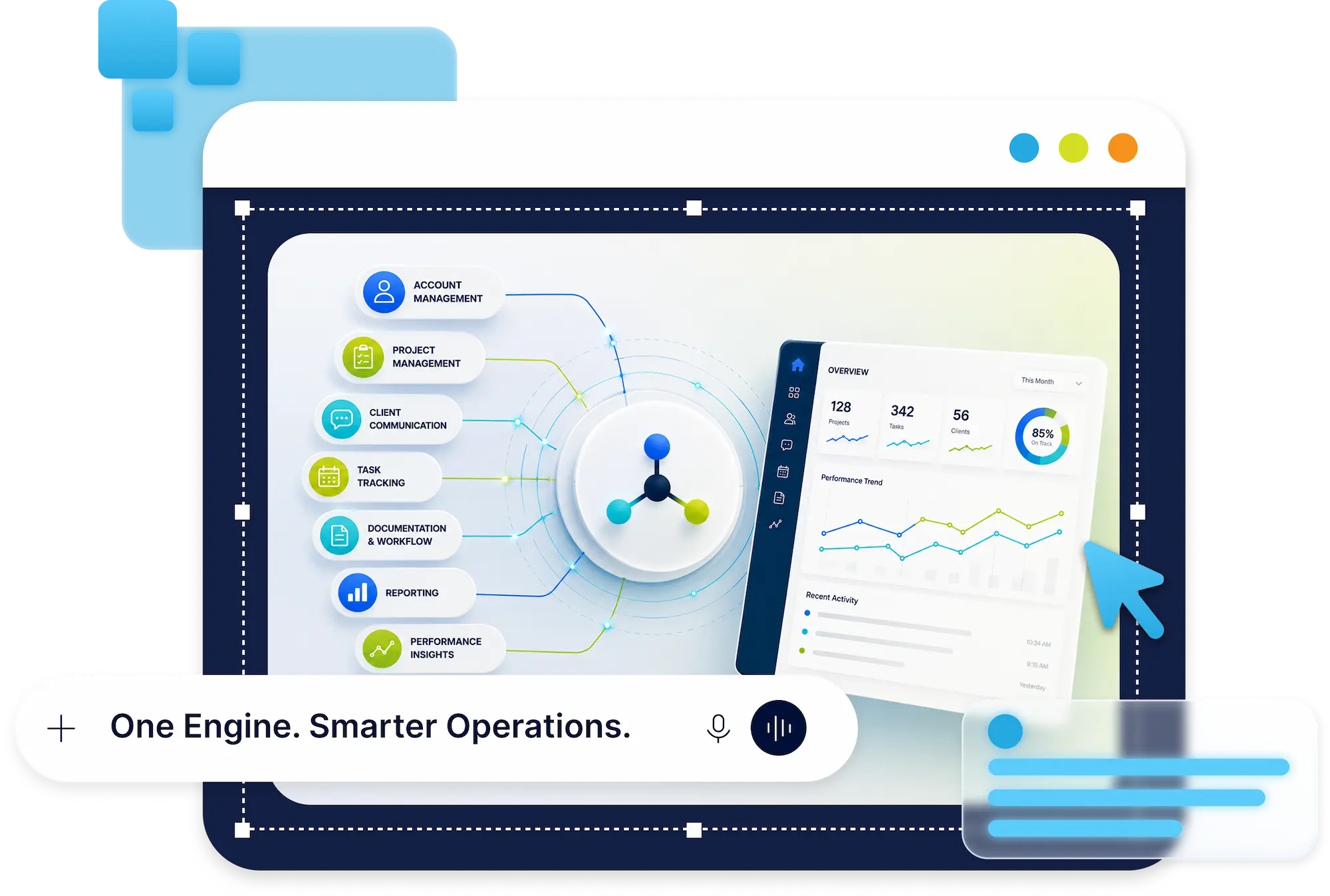 Slide reading "One Engine, Smarter Operations" showing a software dashboard with connected feature icons and analytics charts.