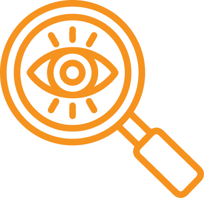 Orange magnifying glass with an eye symbol in the lens, representing clarity or focus.