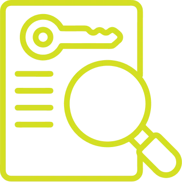 Yellow line icon of a document with a key symbol on top and a magnifying glass focused on the document, symbolizing keyword search or keyword research.