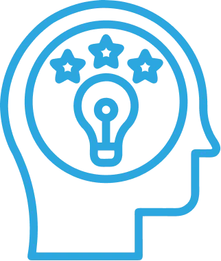 Blue line drawing of a human head in profile with a lightbulb inside the brain area surrounded by three stars, symbolizing creativity and ideas.