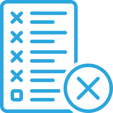 Blue icon of a document with several checkboxes marked with X except the last one marked with a circle, and a large X symbol overlapping the lower right corner.