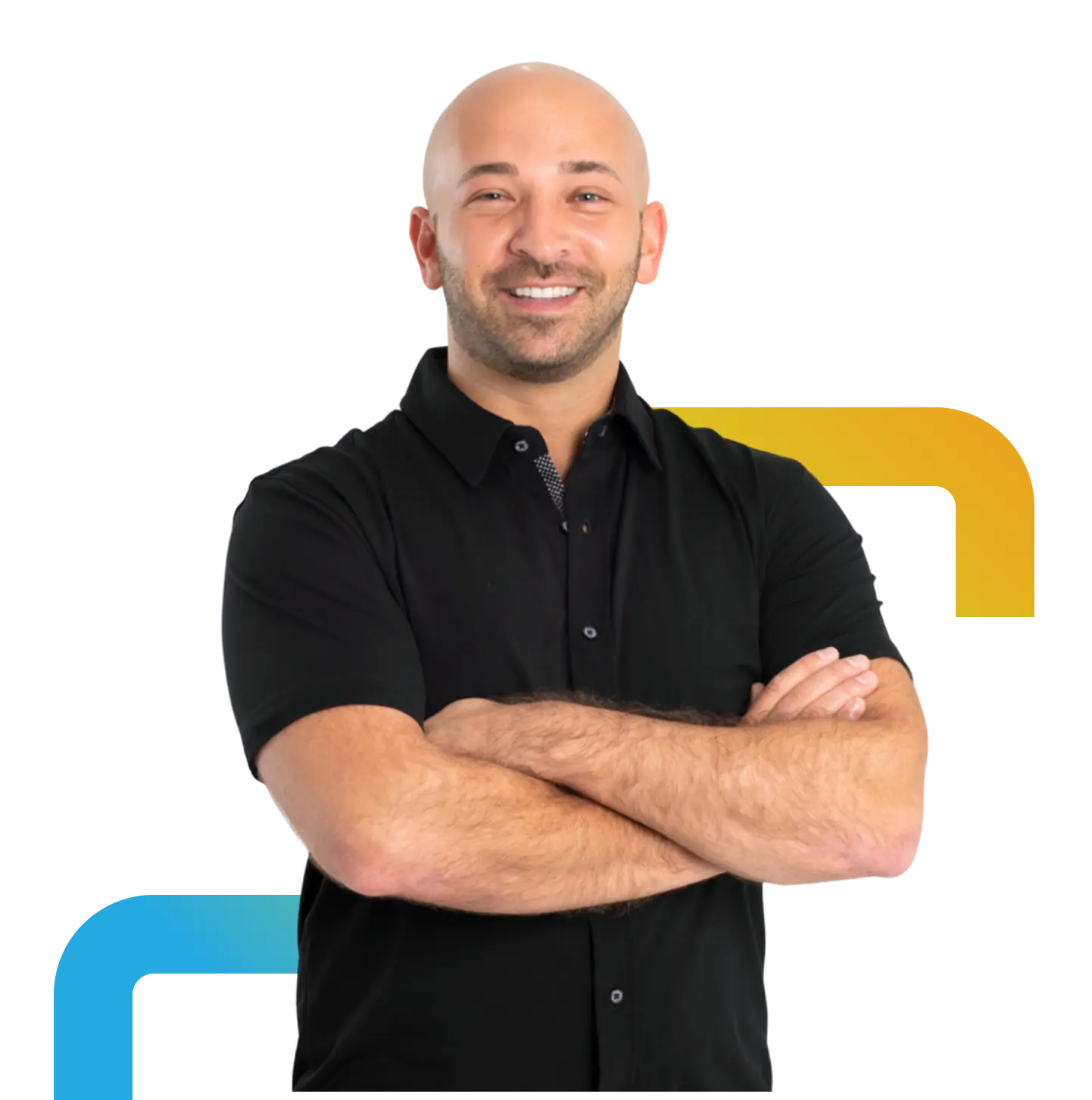 Smiling bald man with a short beard wearing a black short-sleeve button-up shirt, standing with arms crossed in front of abstract blue and yellow corner shapes.