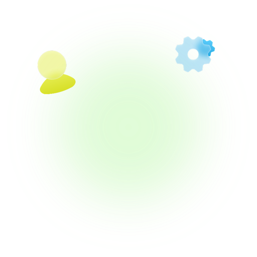 Green circle with a glowing effect contains a yellow user icon on the left and a blue settings gear icon on the right.