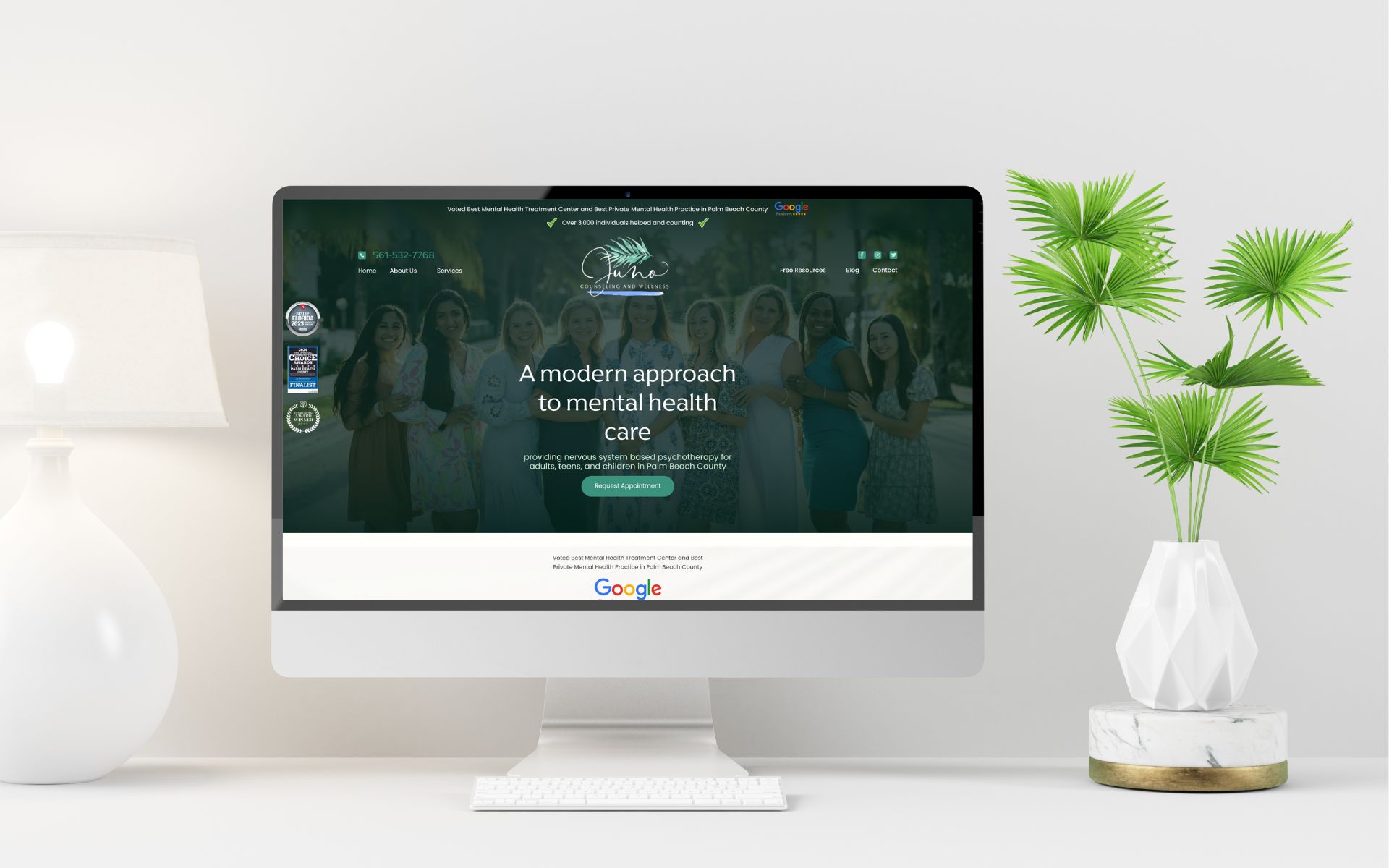 Juno Counseling and Wellness website shown on a desktop monitor