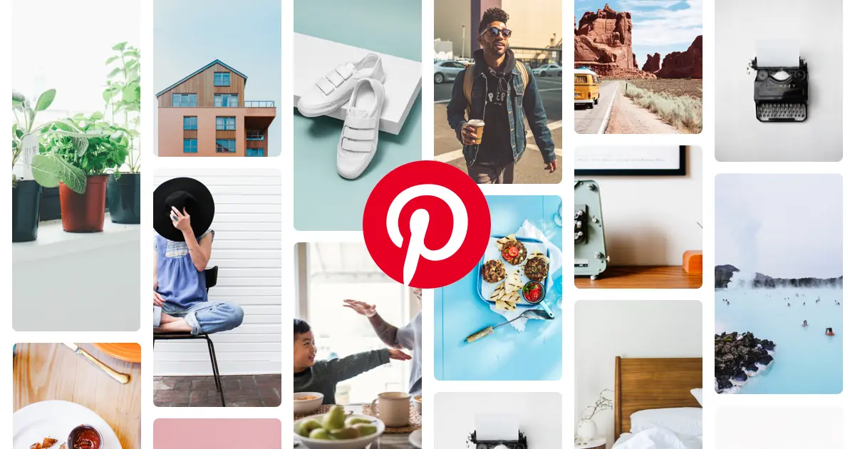 Collage of lifestyle images including plants, a modern house, white shoes, a man holding coffee, a desert road with a school bus, a vintage typewriter, a person with a black hat sitting on a chair, a child and adult at a table, plates of food on a blue table, a sewing machine on a wooden desk, a bedroom with a wooden bed frame, and people in a blue geothermal pool, overlaid with a large red Pinterest logo in the center.