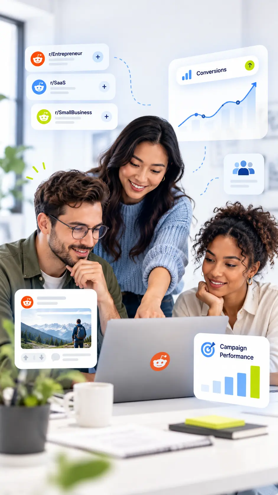 Three diverse colleagues gathered around a laptop with a Reddit logo, collaborating in a bright office with digital graphics showing subreddit names, rising conversion charts, a user group icon, and campaign performance bar graphs.