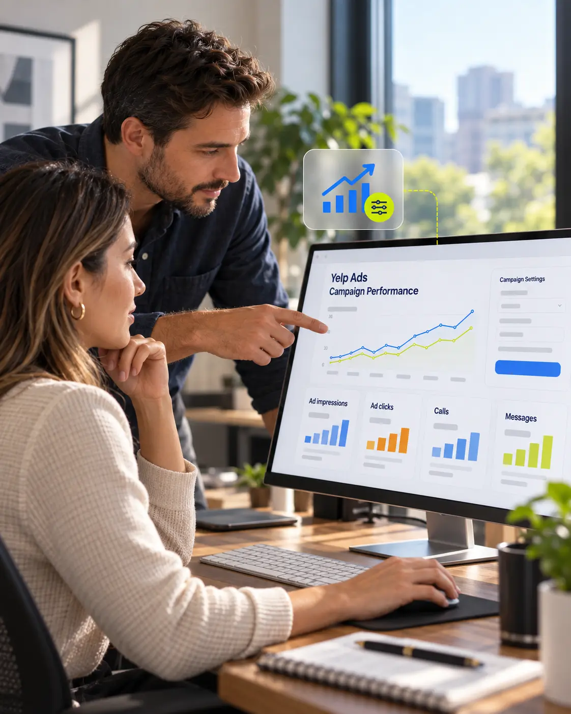 A man and a woman collaborating at a desk, looking at a computer screen displaying Yelp Ads campaign performance charts including ad impressions, ad clicks, calls, and messages with rising trends.