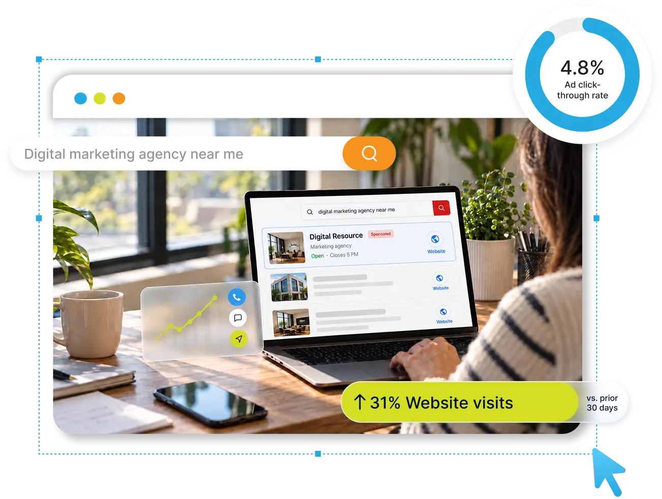 Woman using laptop at wooden desk with potted plants, smartphone, and notebook, viewing a search result page for 'digital marketing agency near me' showing a sponsored listing for Digital Resource.