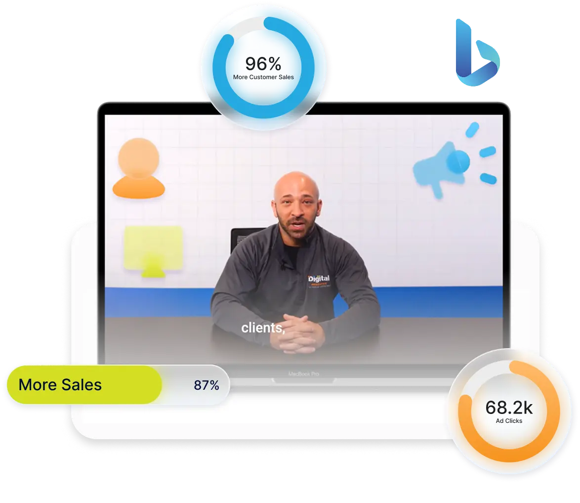 Video screen on a laptop showing a man in a Digital Marketing shirt with floating graphics indicating sales data: 96% more customer sales, 87% more sales, and 68.2k ad clicks.