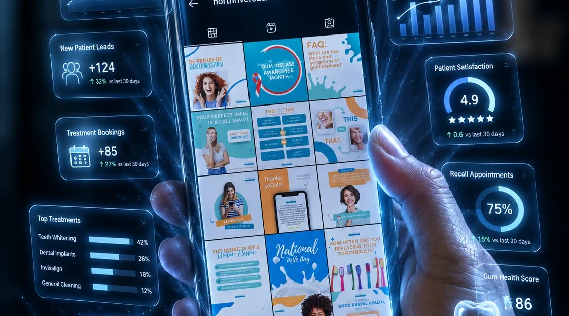 Hand holding a smartphone showing a dental practice's social feed, surrounded by glowing dashboards for patient leads, bookings, revenue, and reviews