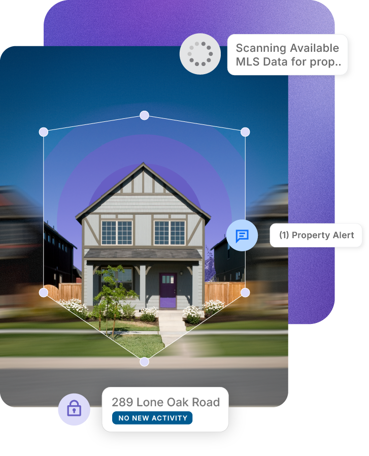 Real Estate Agent next to UI Alerts reading: Contacts Synced, Opportunity Score, Propensity to Sell Notification, Home's Value Increased Notification, Viewed Market Activity Alert, Viewed Purchasing Power Alert.