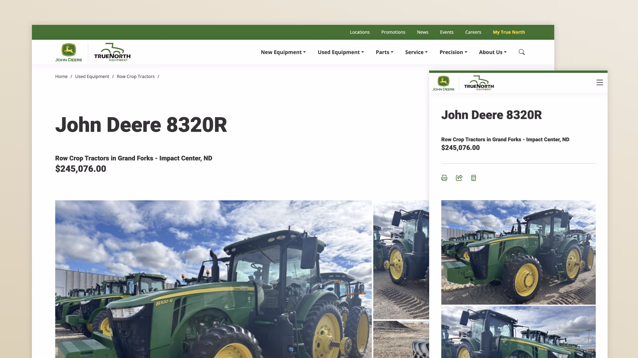 John Deere dealer used equipment detail page desktop and mobile view