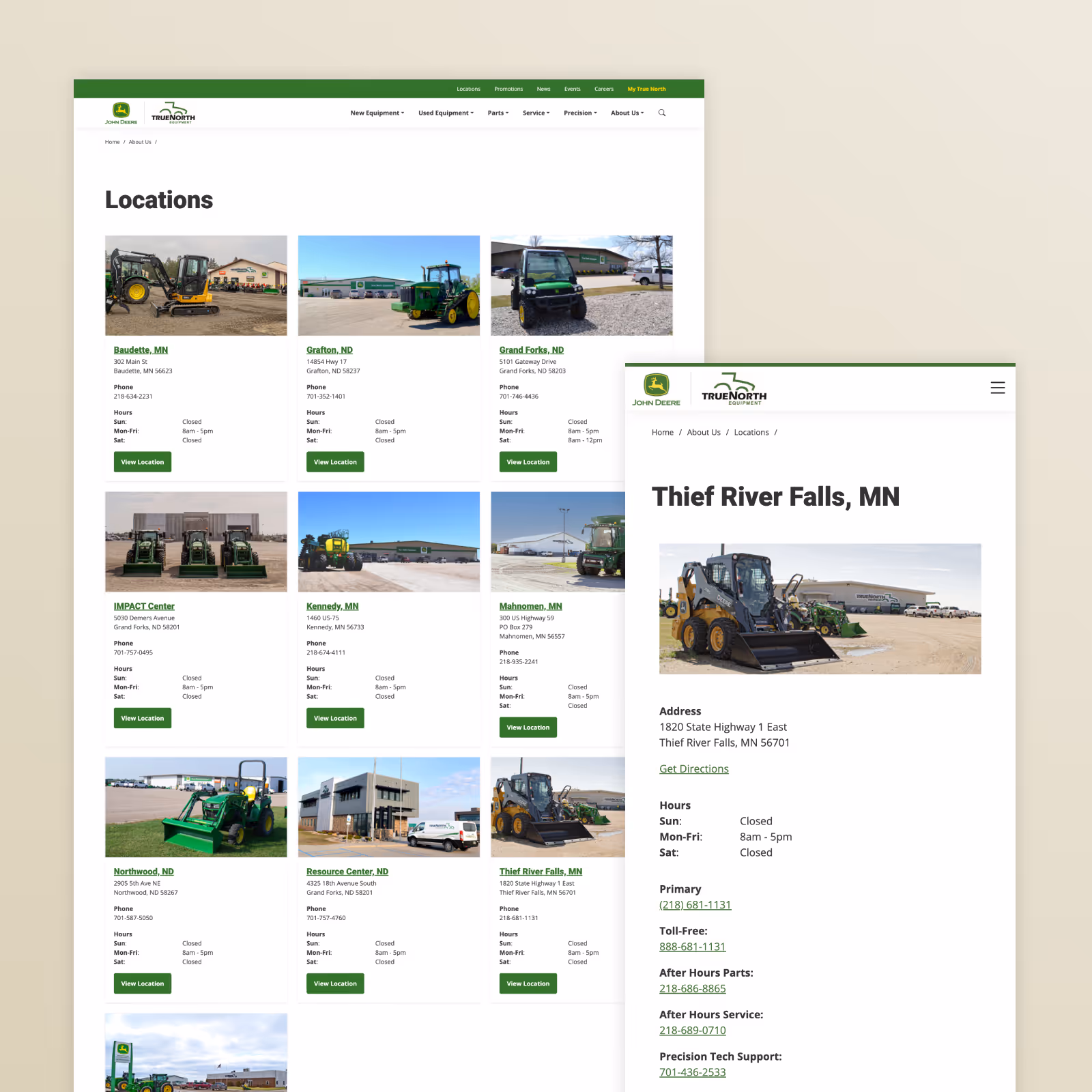 John Deere dealer locations page desktop and mobile view