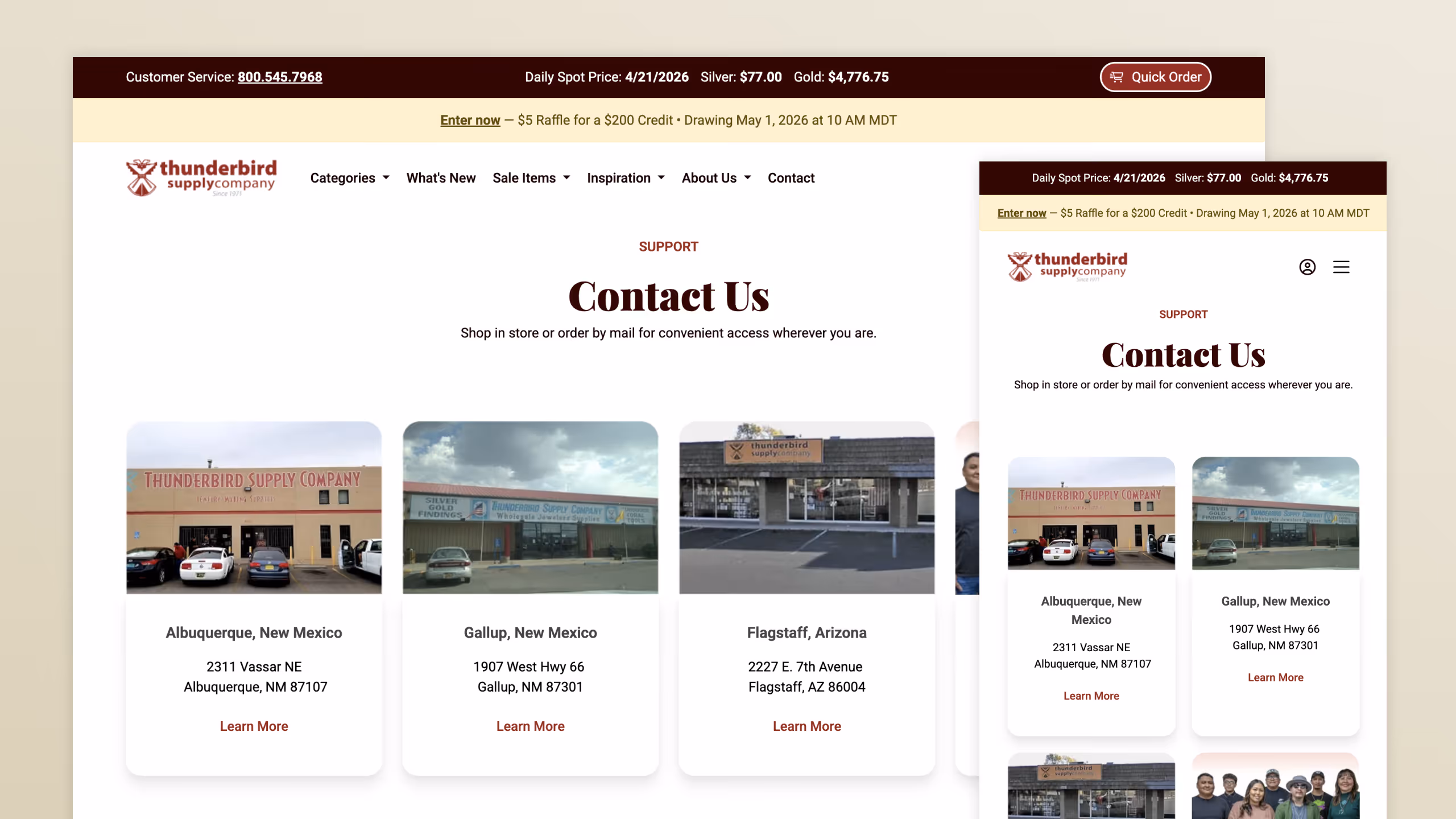 Thunderbird Supply contact us page desktop and mobile view