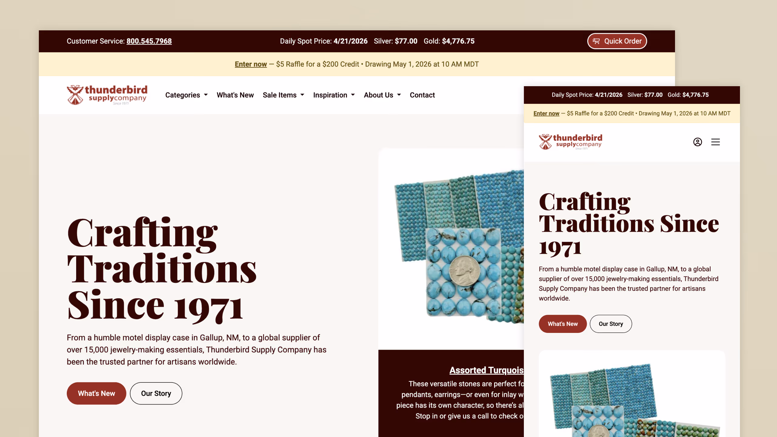 Thunderbird Supply homepage desktop and mobile view