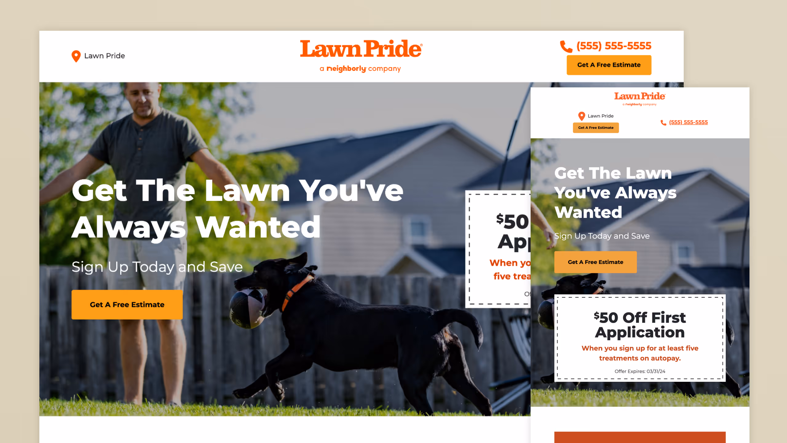 Lawn Pride landing page desktop and mobile view