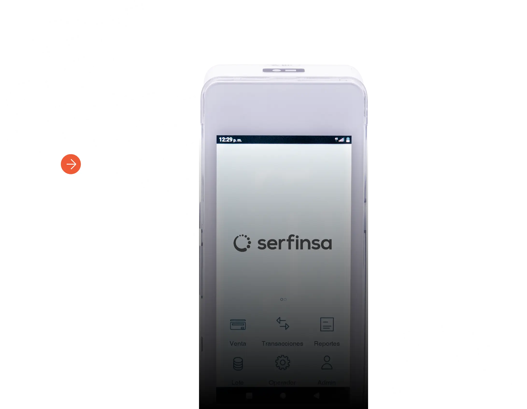 Pantalla principal de app Serfinsa en un dispositivo móvil blanco con iconos y texto en español.
