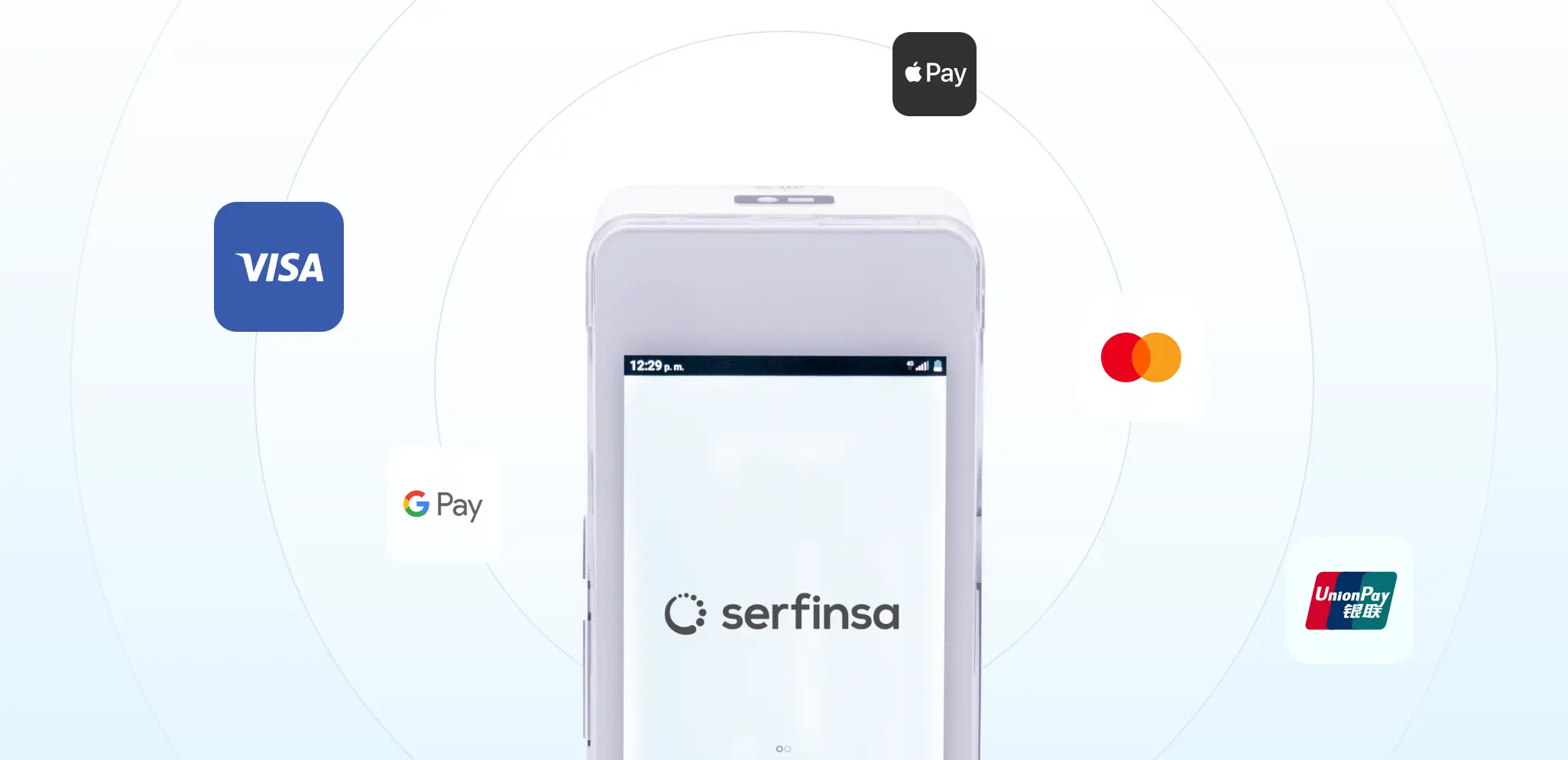 Pantalla de dispositivo Serfinsa rodeada por logos de Visa, Apple Pay, Mastercard, Google Pay y UnionPay.