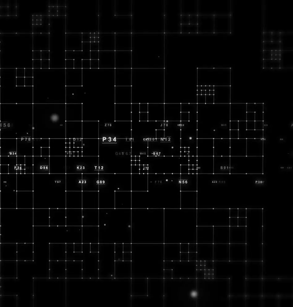Mapa digital con una red de puntos conectados por líneas formando patrones geométricos.