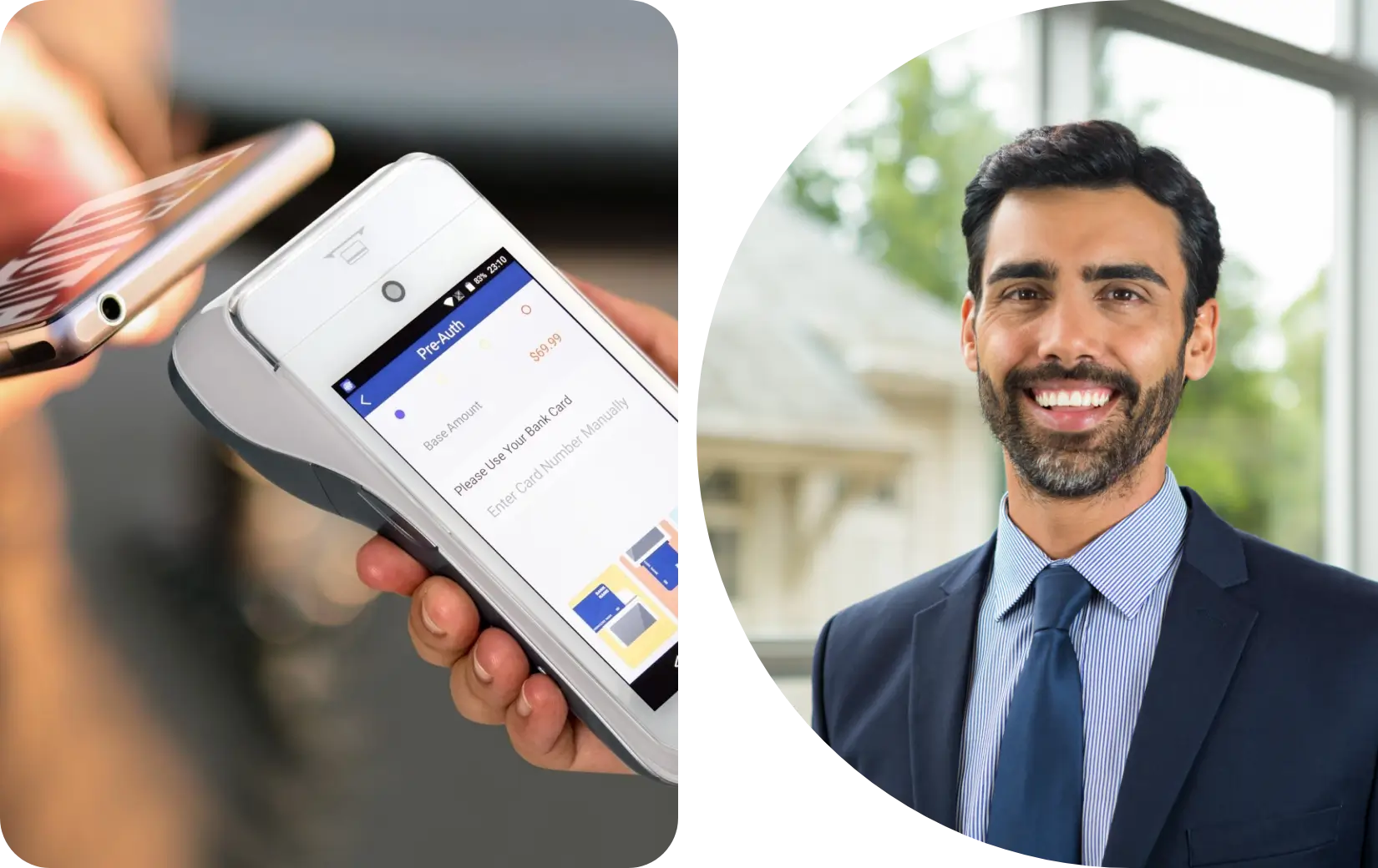 Hombre con traje sonriendo y persona pagando con teléfono mediante lector de tarjeta digital.