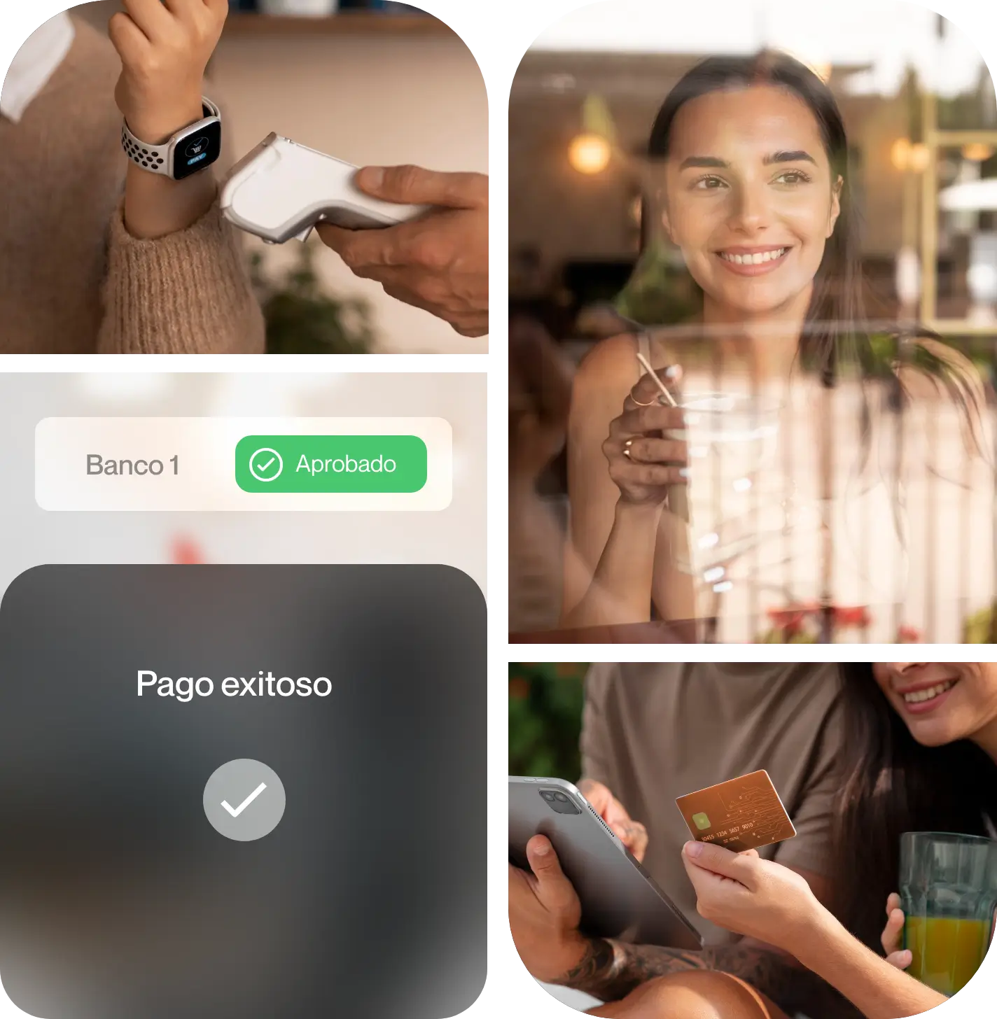 Collage de pago digital: reloj escaneado, pantalla aprobada, mujer sonriendo con bebida, pareja con tarjeta y tablet.
