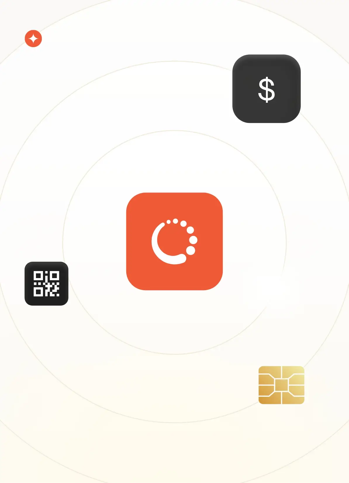Iconos digitales: símbolo de dólar, código QR, chip dorado y círculo de puntos blancos en fondo claro.