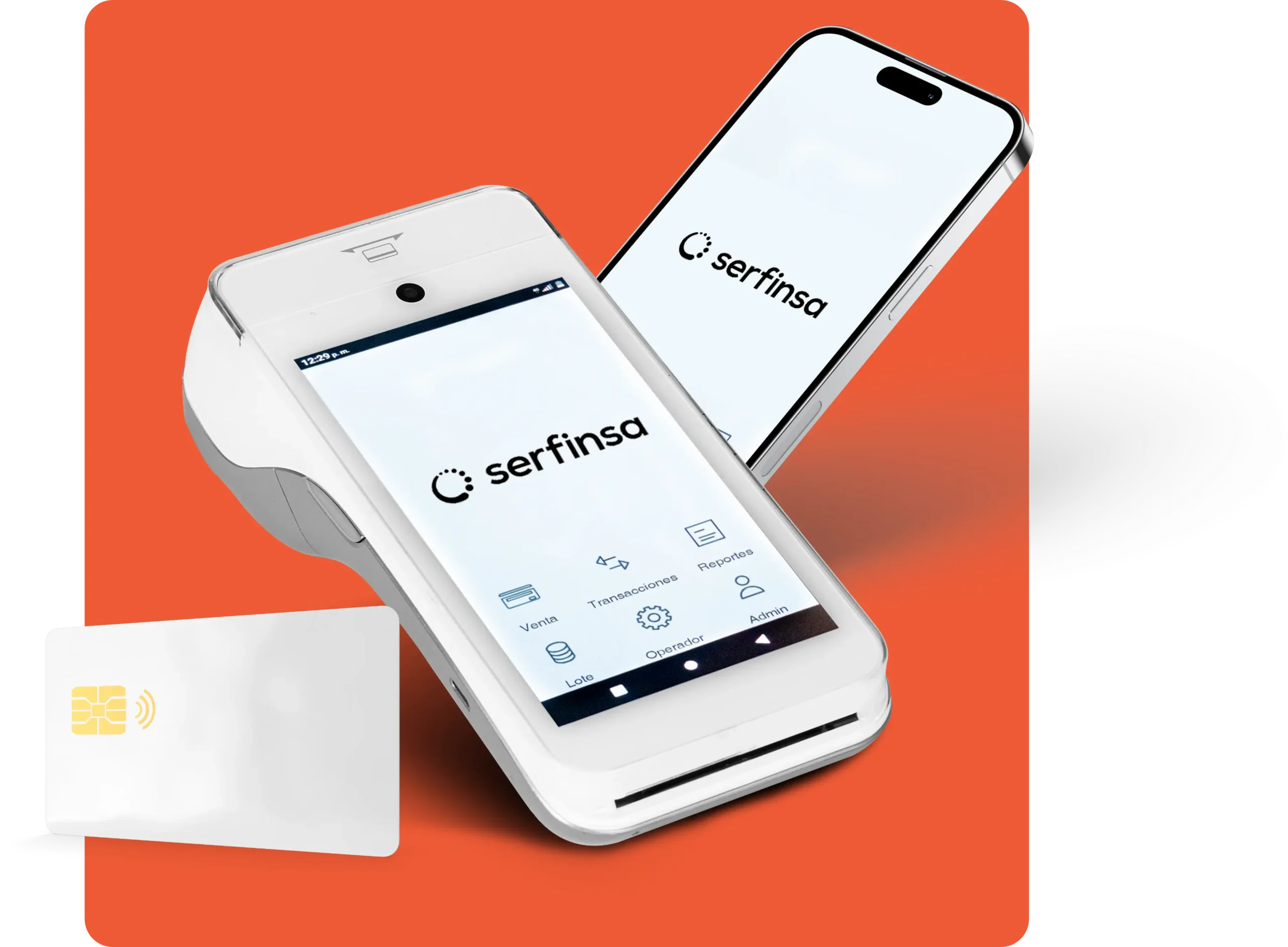 Terminal punto de venta y teléfono móvil con la aplicación Serfinsa y una tarjeta blanca sobre fondo naranja.
