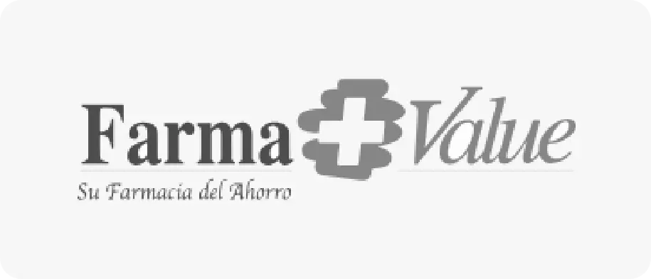 Logotipo que dice Farma Value con un símbolo de cruz y texto Su Farmacia del Ahorro.