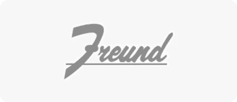 Logotipo con la palabra Freund en tipografía cursiva gris con una línea debajo.