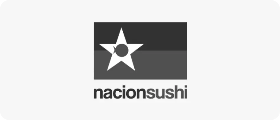 Estrella blanca con un círculo en el centro dentro de un rectángulo dividido en dos tonos y texto 'nacionsushi' debajo.