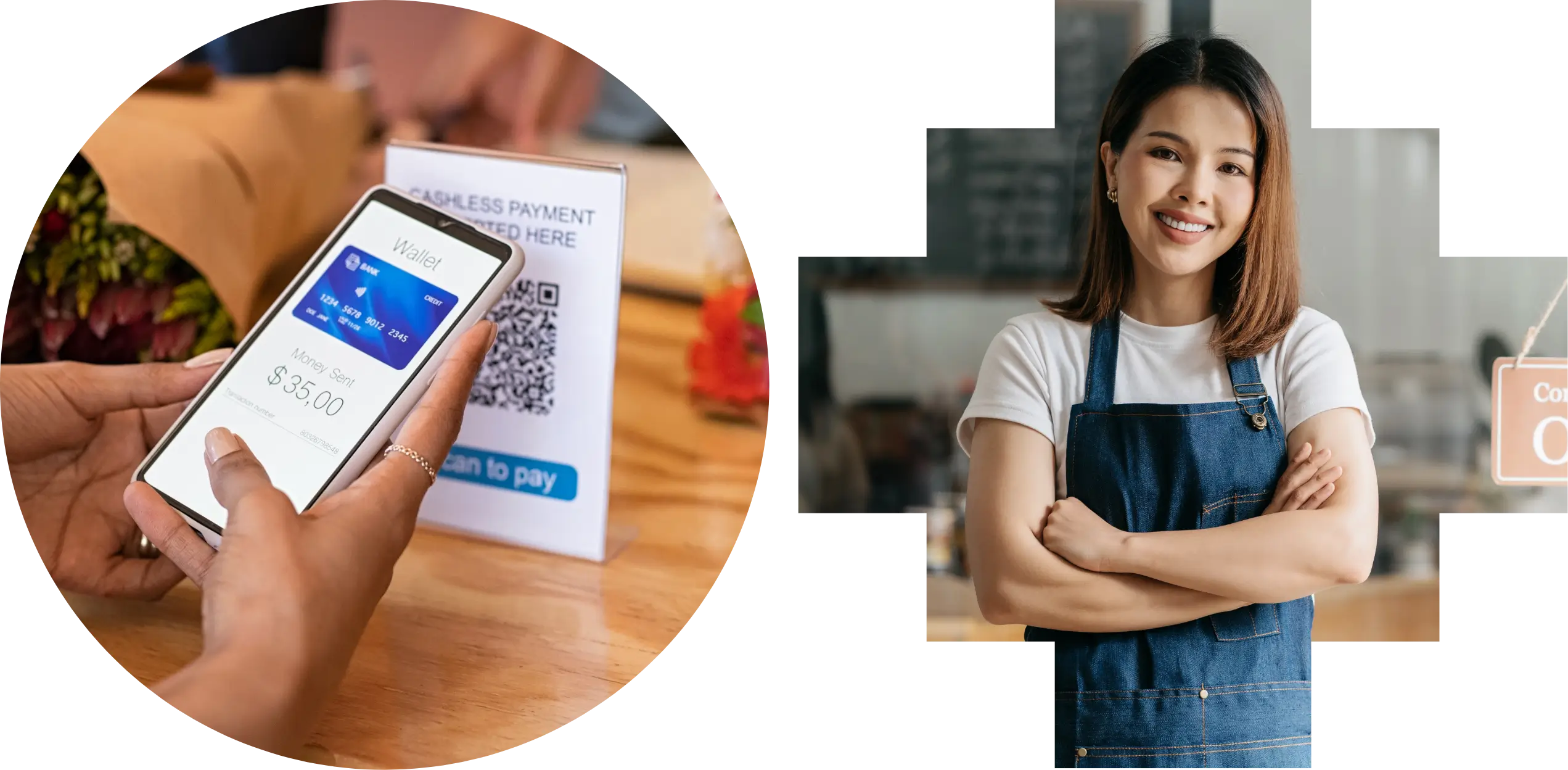 Manos usando un teléfono móvil para pagar $35 escaneando un código QR, con mujer sonriente con delantal.